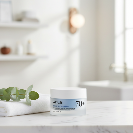 Anua Birch 70 Moisture Boosting Cream in a sleek jar designed for hydrating and strengthening dry skin.