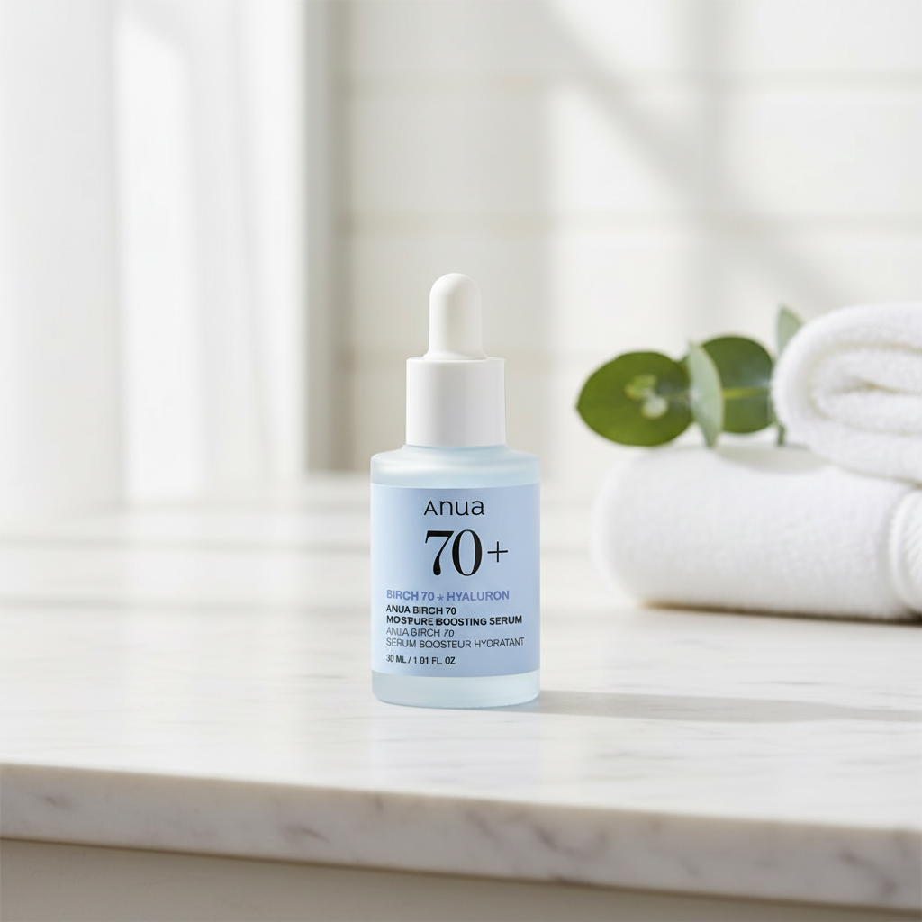 Anua Birch 70 Moisture Boosting Serum in a dropper bottle for hydration and skin strengthening.
