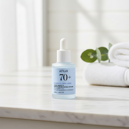 Anua Birch 70 Moisture Boosting Serum in a dropper bottle for hydration and skin strengthening.