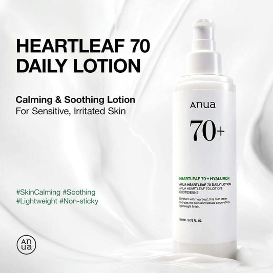 Anua Heartleaf 70 Daily Lotion bottle on a smooth background, labeled as calming and soothing for sensitive skin.