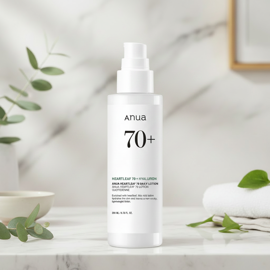 Anua Heartleaf 70 Daily Lotion in a sleek bottle with a creamy lotion texture for skincare hydration.