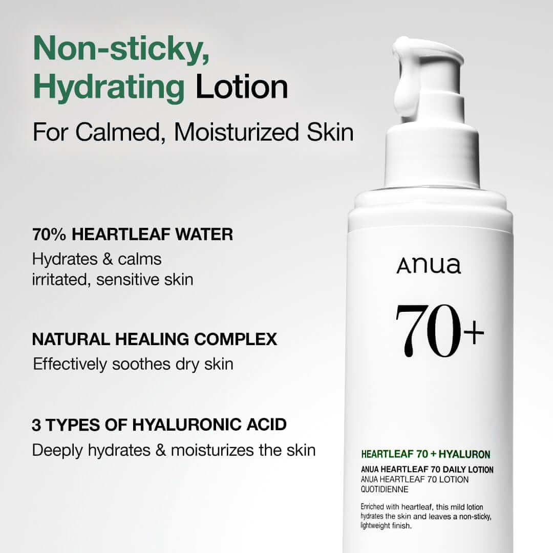 Anua Heartleaf 70 Daily Lotion bottle showcasing non-sticky, hydrating formula for calmed, moisturized skin.