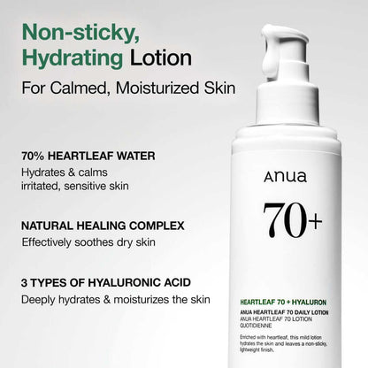 Anua Heartleaf 70 Daily Lotion bottle showcasing non-sticky, hydrating formula for calmed, moisturized skin.