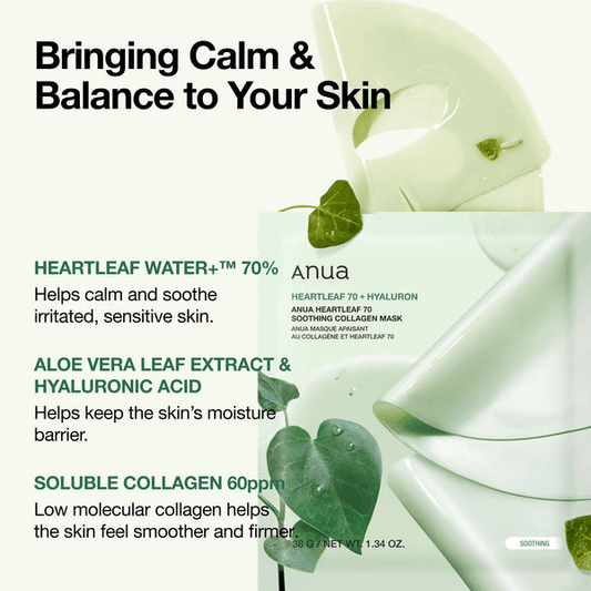Anua Heartleaf 77 Soothing Mask ingredients highlighting soothing properties and skin balance benefits.