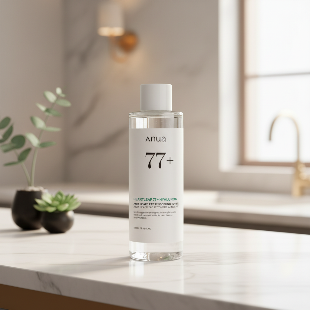 Anua Heartleaf 77 Soothing Toner bottle on a clean background, designed for hydrating and calming sensitive skin.