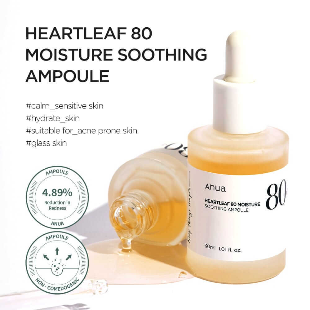 Anua Heartleaf 80 Moisture Soothing Ampoule with dropper, designed for sensitive skin and hydration.