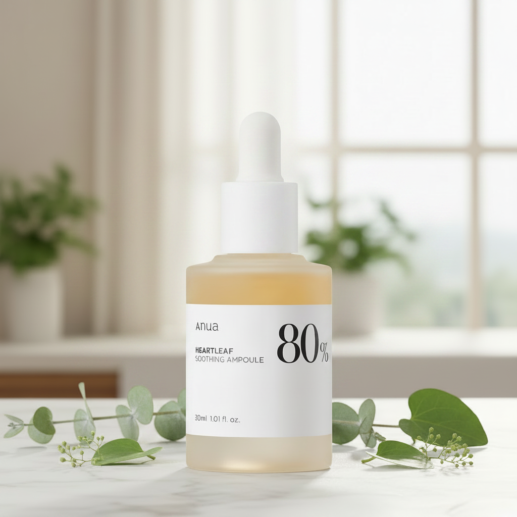 Anua Heartleaf 80 Moisture Soothing Ampoule in a glass dropper bottle with gel-like texture and moisturizing properties.