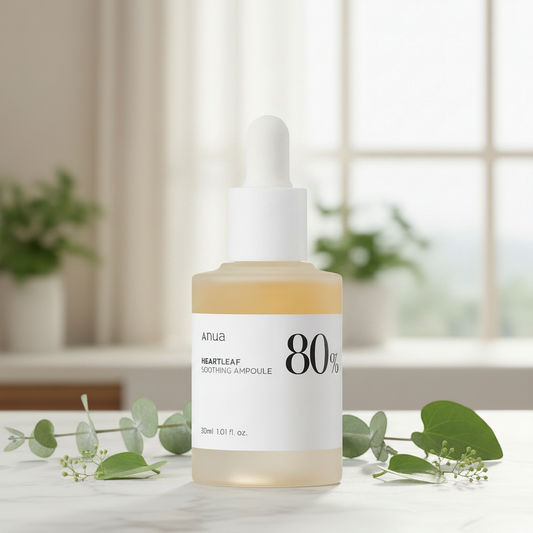 Anua Heartleaf 80 Moisture Soothing Ampoule in a glass dropper bottle with gel-like texture and moisturizing properties.