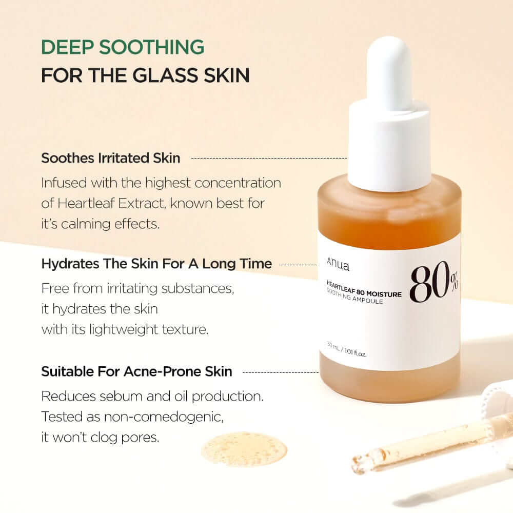 Anua Heartleaf 80 Moisture Soothing Ampoule, a lightweight formula for hydration and soothing irritated skin.