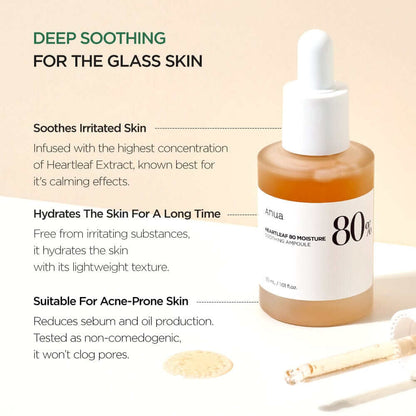 Anua Heartleaf 80 Moisture Soothing Ampoule, a lightweight formula for hydration and soothing irritated skin.