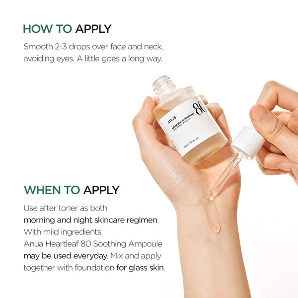 Anua Heartleaf 80 Moisture Soothing Ampoule application instructions with dropper.