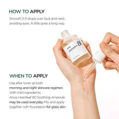 Anua Heartleaf 80 Moisture Soothing Ampoule application instructions with dropper.