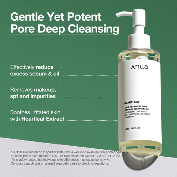 Anua Heartleaf Pore Control Cleansing Oil bottle showcasing benefits like deep cleansing and pore control.