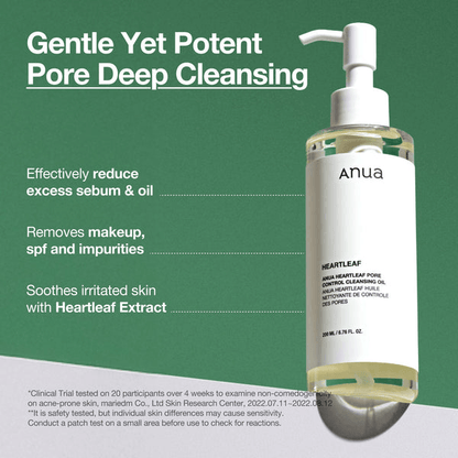 Anua Heartleaf Pore Control Cleansing Oil bottle showcasing benefits like deep cleansing and pore control.