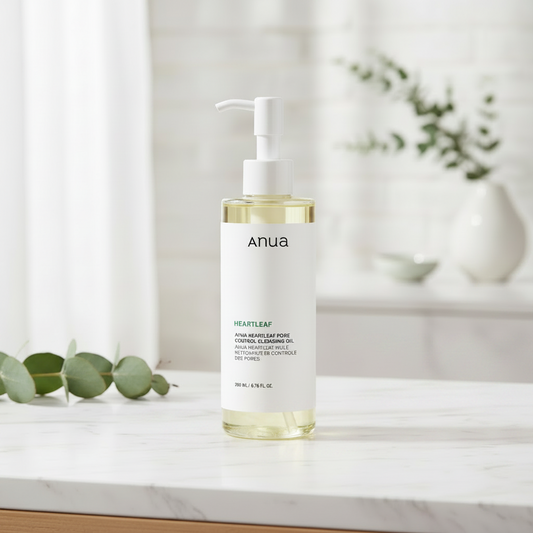 Anua Heartleaf Pore Control Cleansing Oil in a sleek bottle with pump, surrounded by a circular splash of cleansing oil.
