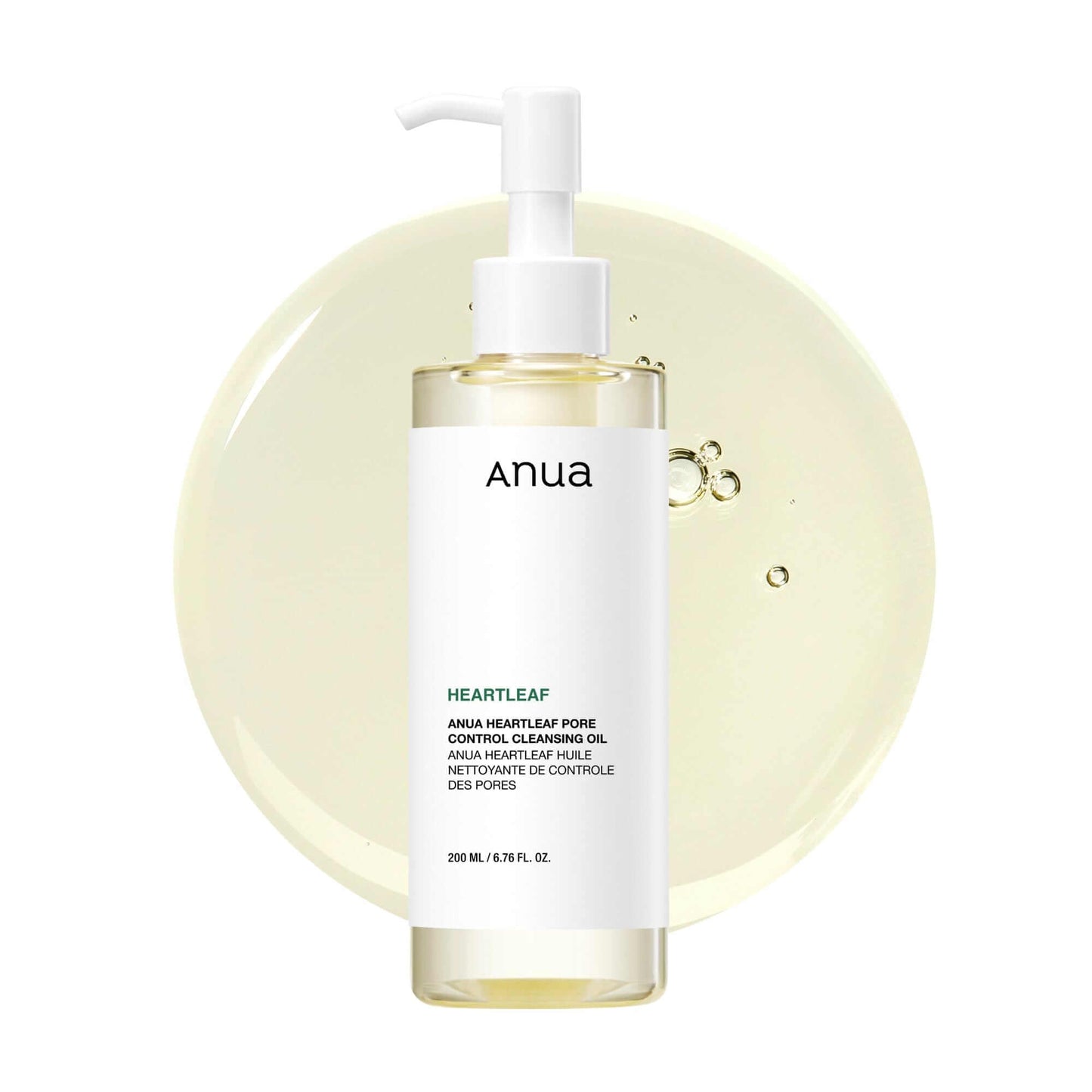 Anua Heartleaf Pore Control Cleansing Oil in a clear bottle with pump, designed to remove impurities and hydrate skin.