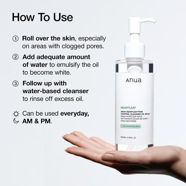 Anua Heartleaf Pore Control Cleansing Oil Mild usage instructions with pump bottle and hand demonstration.