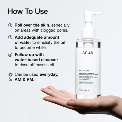 Anua Heartleaf Pore Control Cleansing Oil Mild usage instructions with pump bottle and hand demonstration.