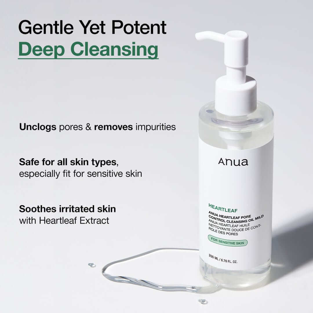 Anua Heartleaf Pore Control Cleansing Oil Mild with pump bottle for deep cleansing and removing impurities.