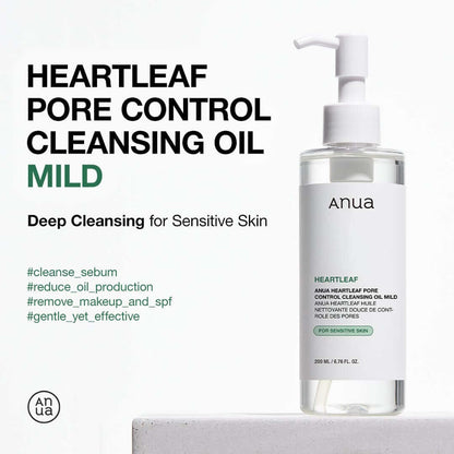 Anua Heartleaf Pore Control Cleansing Oil Mild bottle with pump for deep cleansing sensitive skin.