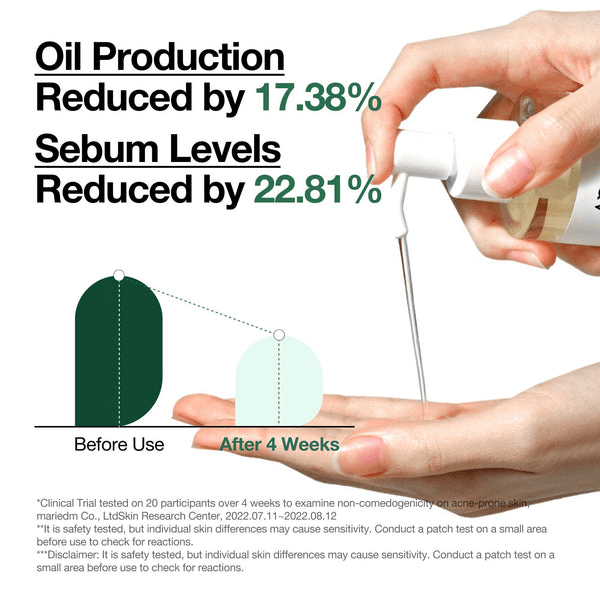 Anua Heartleaf Pore Control Cleansing Oil effectiveness results showing oil production reduction and sebum levels after 4 weeks.