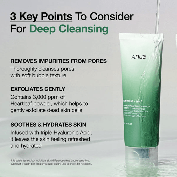 Anua Heartleaf Quercetinol Pore Deep Cleansing Foam infographic highlighting key benefits including deep cleansing, exfoliation, and hydration.