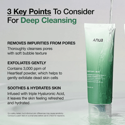 Anua Heartleaf Quercetinol Pore Deep Cleansing Foam infographic highlighting key benefits including deep cleansing, exfoliation, and hydration.