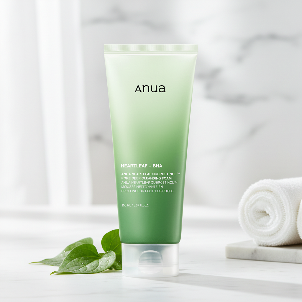 Anua Heartleaf Quercetinol Pore Deep Cleansing Foam tube with exfoliating cream background.