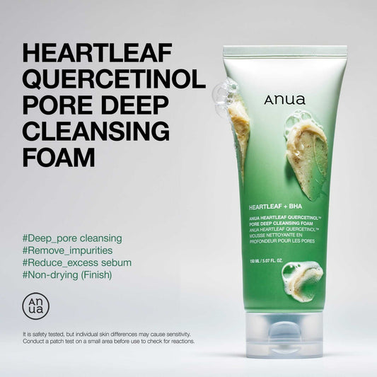 Anua Heartleaf Quercetinol Pore Deep Cleansing Foam tube with cleansing foam texture and benefits listed.