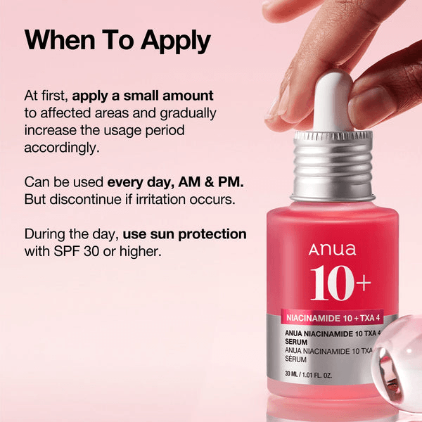 Anua Niacinamide 10 TXA 4 Serum usage instructions, emphasizing daily application and sun protection.