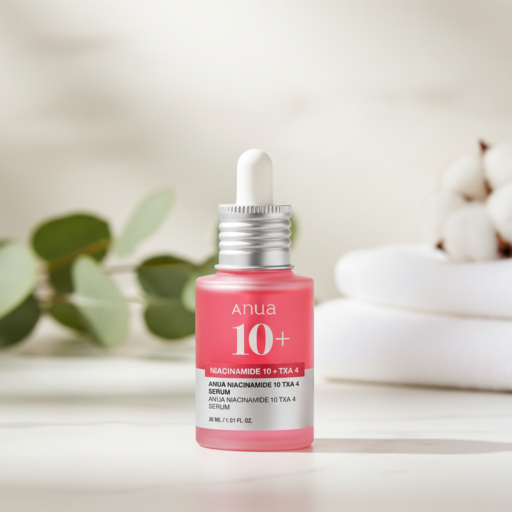 Anua Niacinamide 10 TXA 4 Serum in a glass bottle with a dropper, highlighting skin brightening benefits.