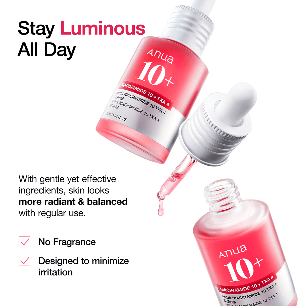 Anua Niacinamide 10 TXA 4 Serum showcasing its lightweight formula for brightening and refining skin tone.