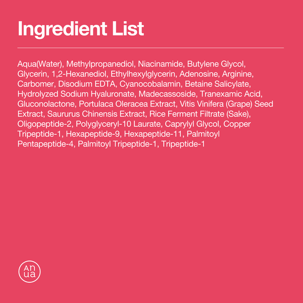 Ingredient list for Anua Niacinamide 5 TXA Brightening Pad, including Niacinamide and various plant extracts.