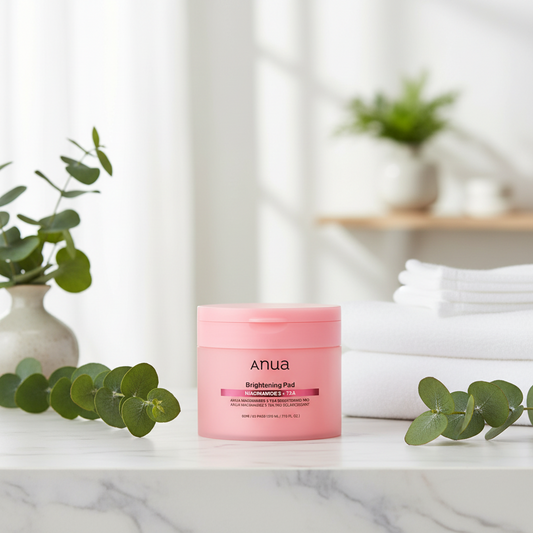 Anua Niacinamide 5 TXA Brightening Pad container with pink lid and smooth pad, promoting skin brightening and hydration.
