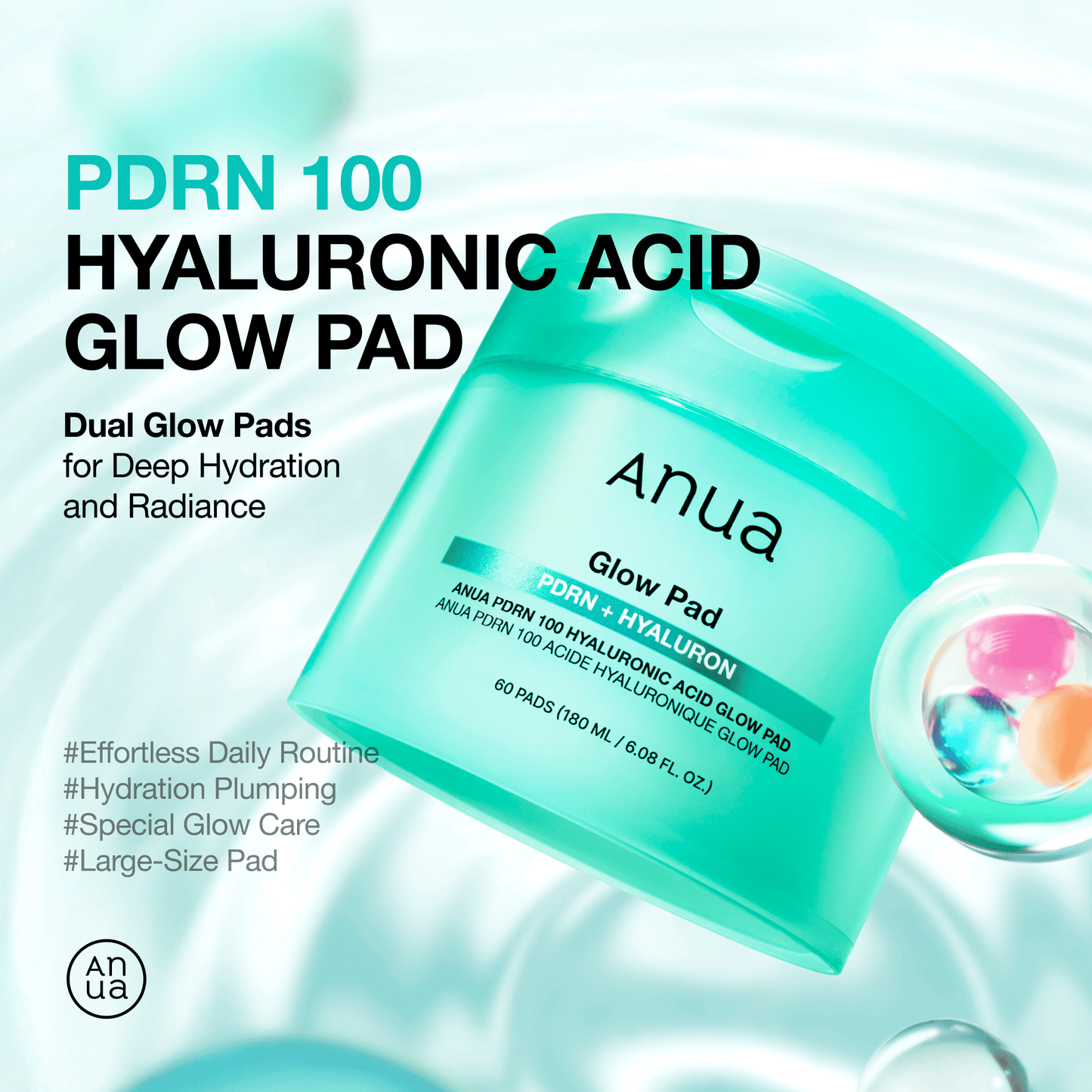 Anua PDRN 100 Hyaluronic Acid Glow Pad for deep hydration and skin radiance in dual glow pads.