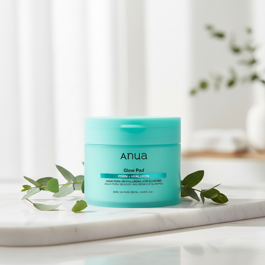 Anua PDRN 100 Hyaluronic Acid Glow Pad packaging with toner pads for hydrating and firming skin.