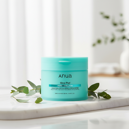 Anua PDRN 100 Hyaluronic Acid Glow Pad packaging with toner pads for hydrating and firming skin.