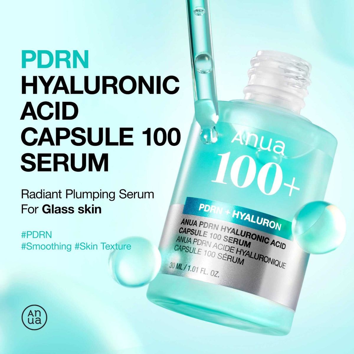 Anua PDRN Hyaluronic Acid Capsule 100 Serum in a glass bottle for radiant skin and hydration.