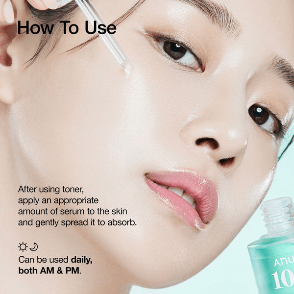 Anua PDRN Hyaluronic Acid Capsule 100 Serum application steps on a model's skin.