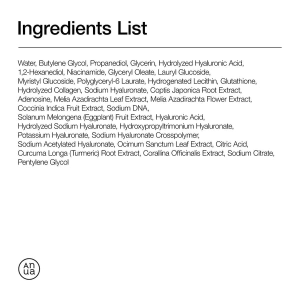 Ingredients list for Anua PDRN Hyaluronic Acid Capsule 100 Serum, including Water, Butylene Glycol, and more.