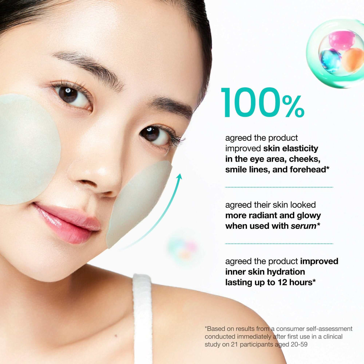 User testimonial for Anua PDRN 100 Hyaluronic Acid Glow Pad showing improved skin elasticity and hydration.