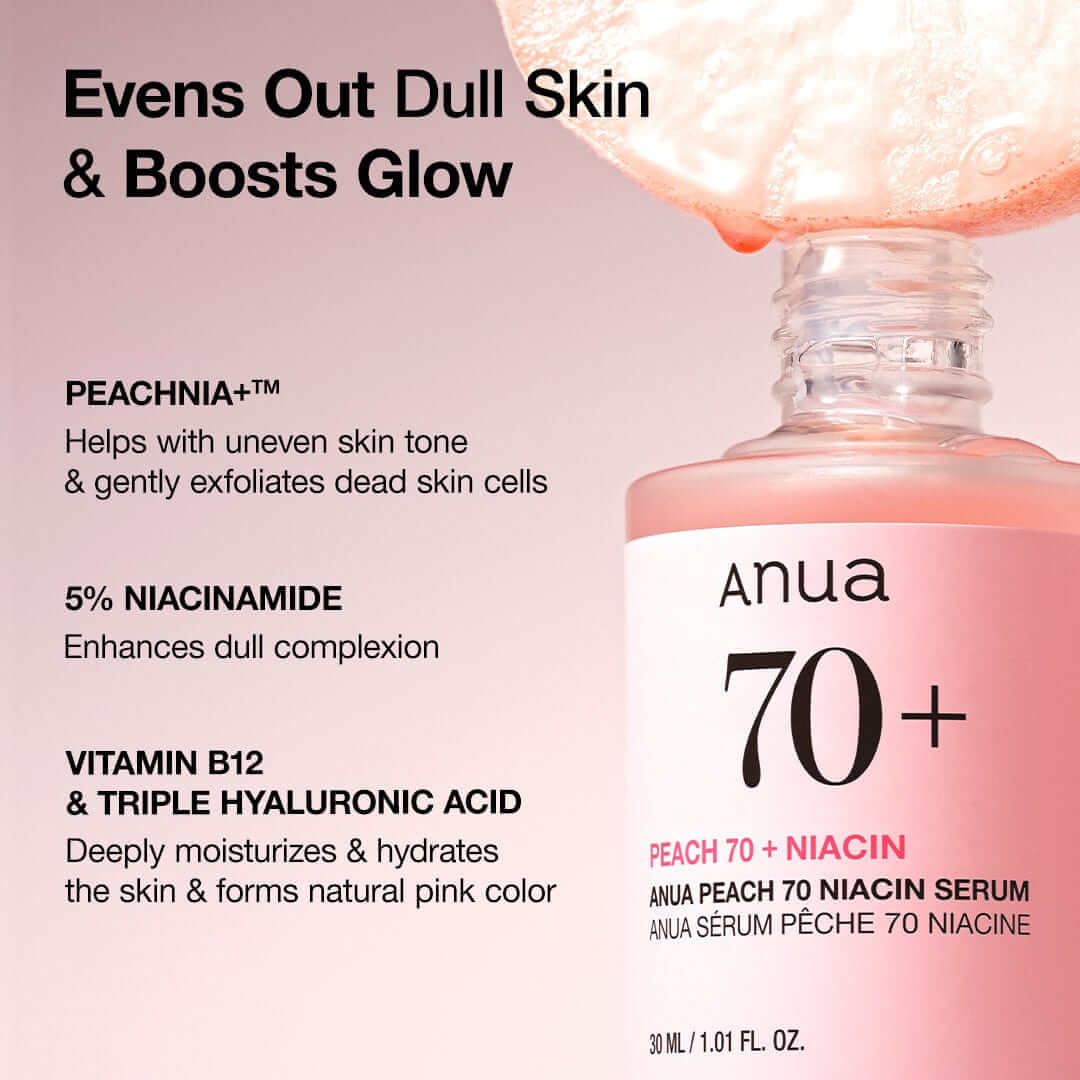 Anua Peach 70 Niacin Serum benefits and ingredients: evens out dull skin, boosts glow, and hydrates for natural pink color.