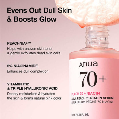 Anua Peach 70 Niacin Serum benefits and ingredients: evens out dull skin, boosts glow, and hydrates for natural pink color.