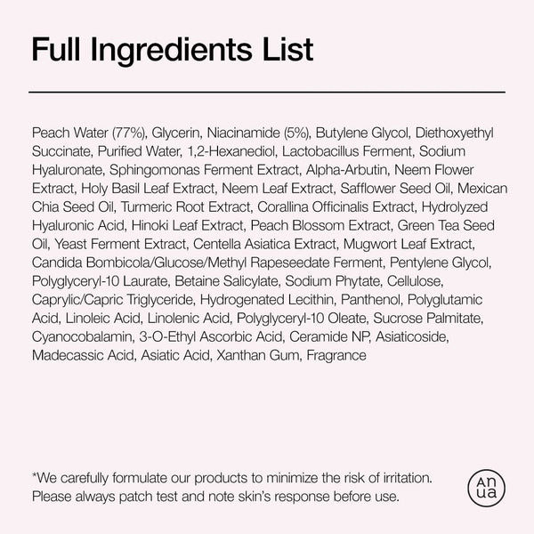 Full ingredients list for Anua Peach 70 Niacin Serum showcasing key components for skincare.