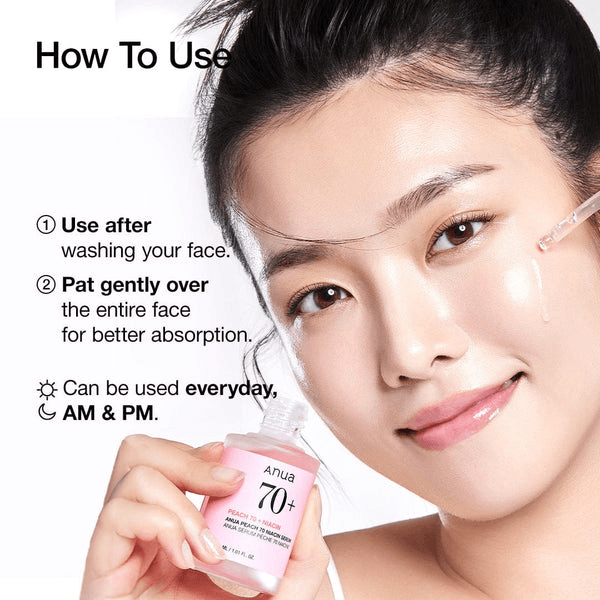 Using Anua Peach 70 Niacin Serum for brighter skin; apply after washing face for best results.