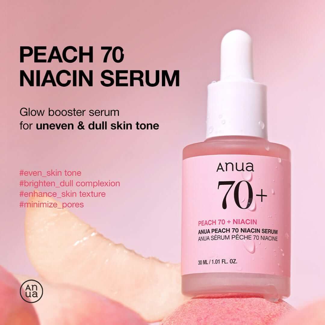 Anua Peach 70 Niacin Serum glow booster for uneven and dull skin tone, enhancing texture and minimizing pores.