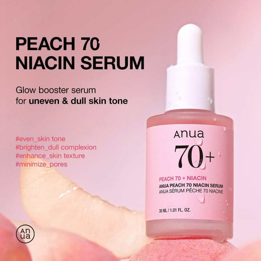 Anua Peach 70 Niacin Serum glow booster for uneven and dull skin tone, enhancing texture and minimizing pores.