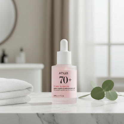 Anua Peach 70 Niacin Serum bottle with dropper, designed to brighten and smooth skin for a refreshed look.