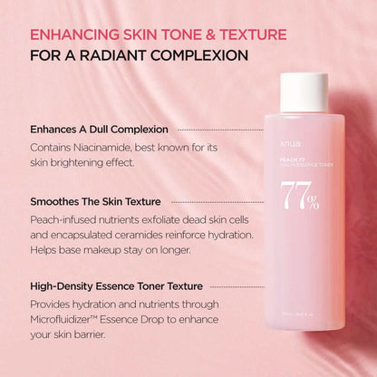Anua Peach 77 Niacin Essence Toner with benefits for skin tone and texture, promoting hydration and brightness.