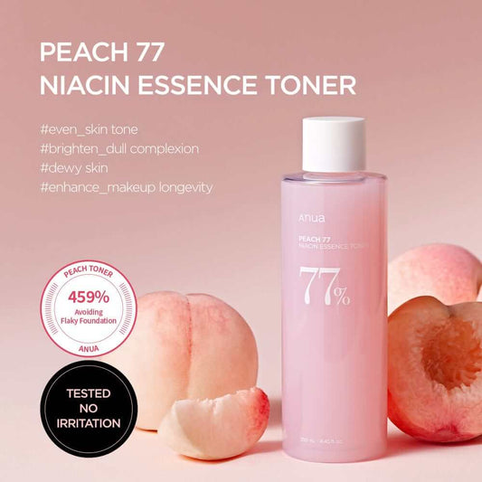 Anua Peach 77 Niacin Essence Toner in a bottle with peaches, promoting hydration and skin brightness.